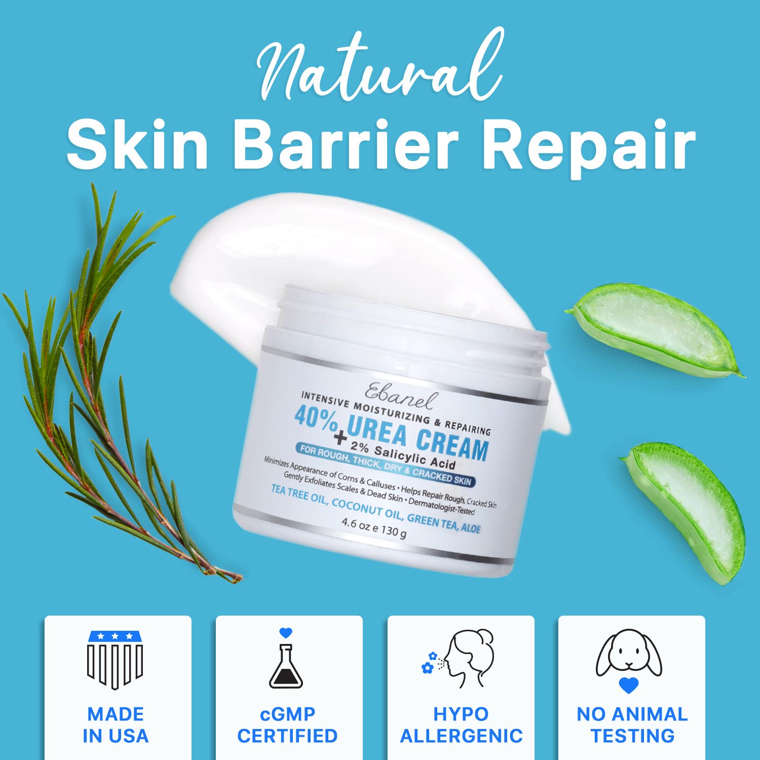Ebanel Urea Cream 40% Plus Salicylic Acid 4.6 Oz, Callus Remover Hand Cream Foot Cream For Dry Cracked Feet, Hands, Heels, Knees, Intensive Moisturizes & Softens Skin, Exfoliates Dead Skin